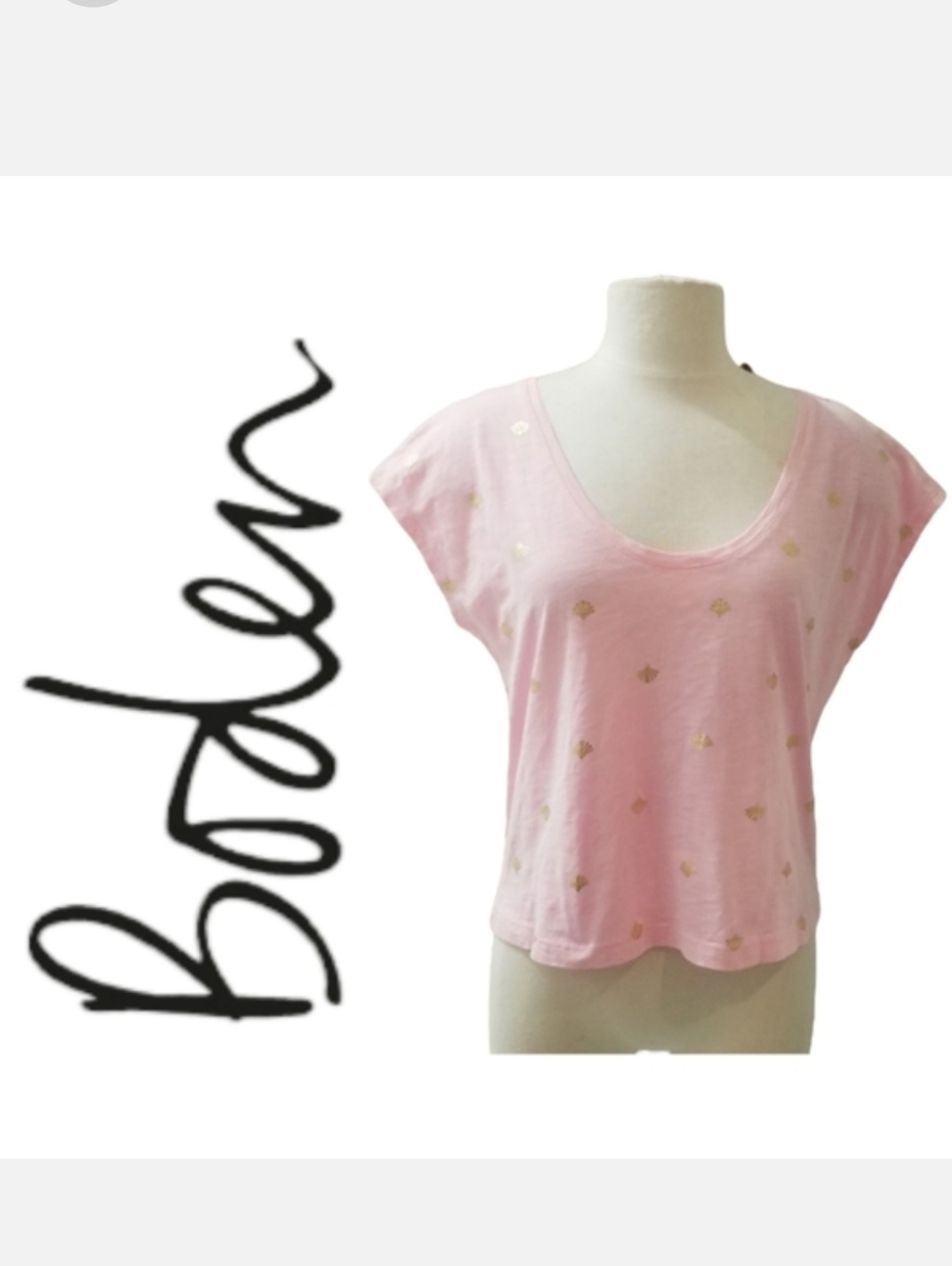 Boden Cap Sleeve Tee Shirt Pink/Gold Tile Fun Voop  Sz S Classiccore Nautical